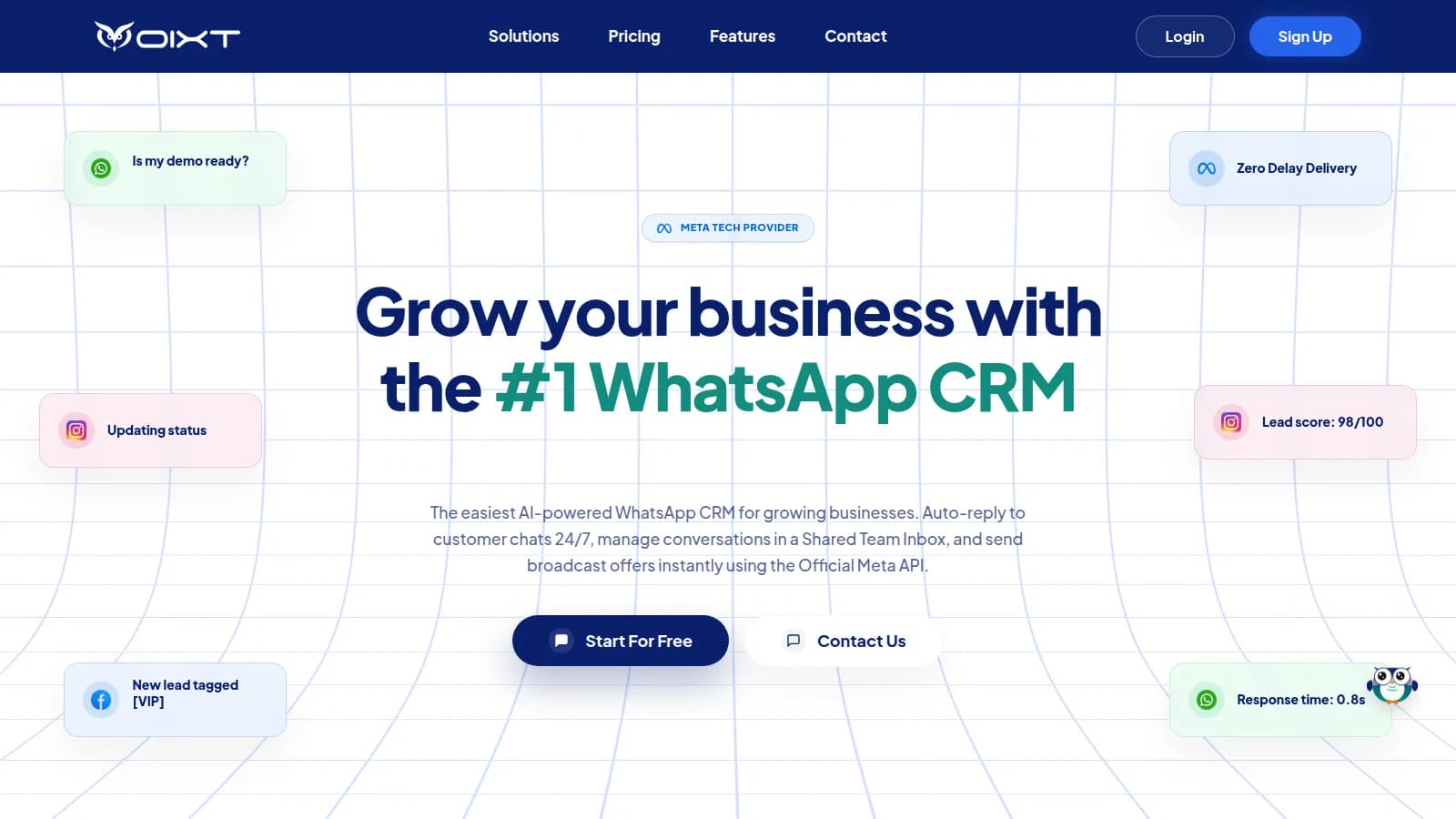 The Voixt AI homepage, showing the WhatsApp CRM dashboard with live conversation cards for lead scoring, status updates, and response time